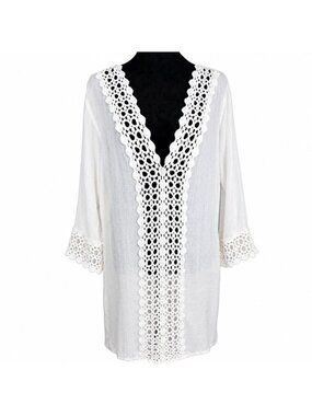 etc. by lazy daisy Swim Beach Cover-Up Crochet Front 3/4 Sleeve One Size